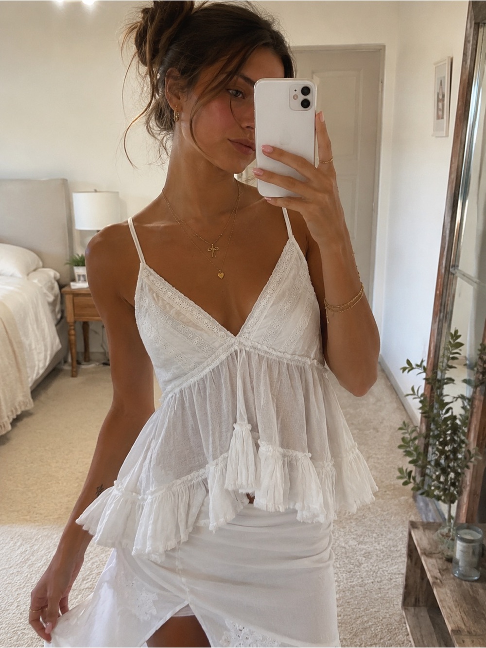 World Together White Eyelet Ruffle Babydoll Cami Boho Cottagecore Top M